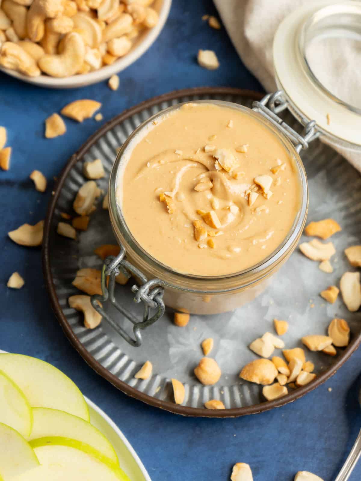 Homemade made cashew butter in a jar. 