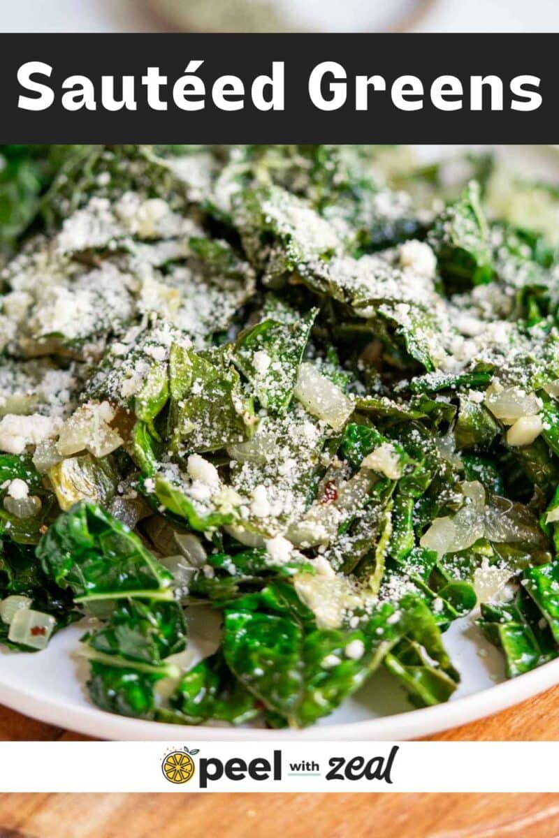 A plate of sauteed greens topped with grated cheese and chopped onions.