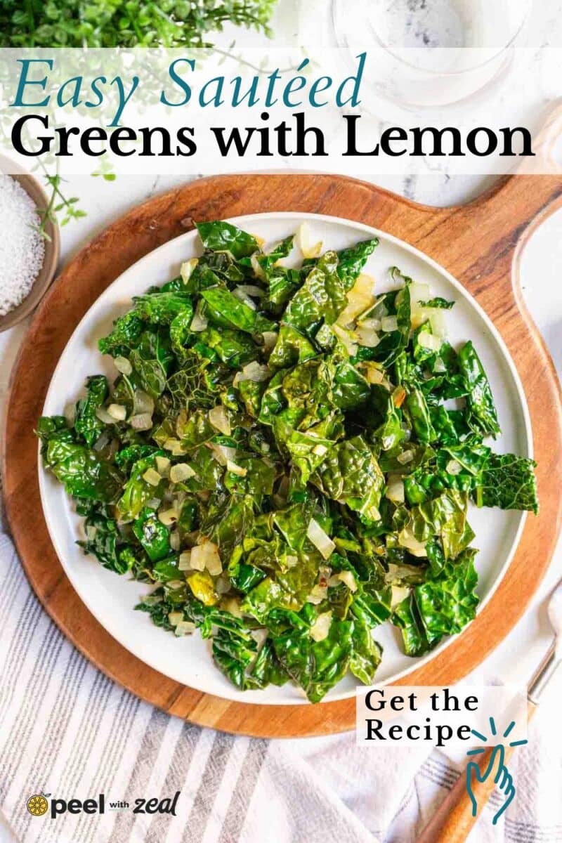 A plate of sautéed greens with chopped onions sits on a wooden board, surrounded by a napkin and a bowl of salt. Text reads "Easy Sautéed Greens with Lemon - Get the Recipe.