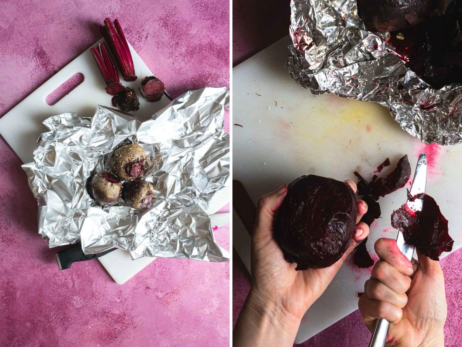 Two images: Left shows roasted beets wrapped in foil on a cutting board, ready to become the star of a beet and grapefruit salad. Right shows hands skillfully peeling a beet with a knife, preparing it for its citrusy counterpart.