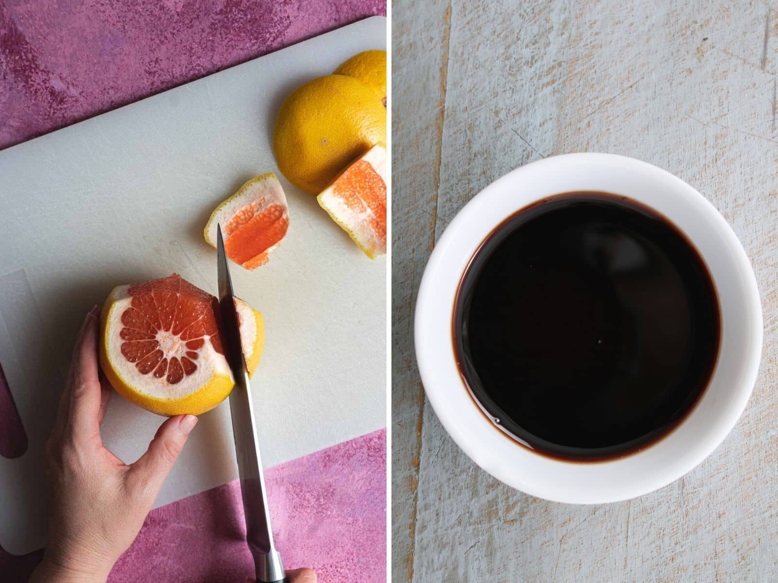 Left: Person slicing a grapefruit on a white cutting board, preparing ingredients for a vibrant beet and grapefruit salad. Right: Bowl filled with salad dressing mixed together.