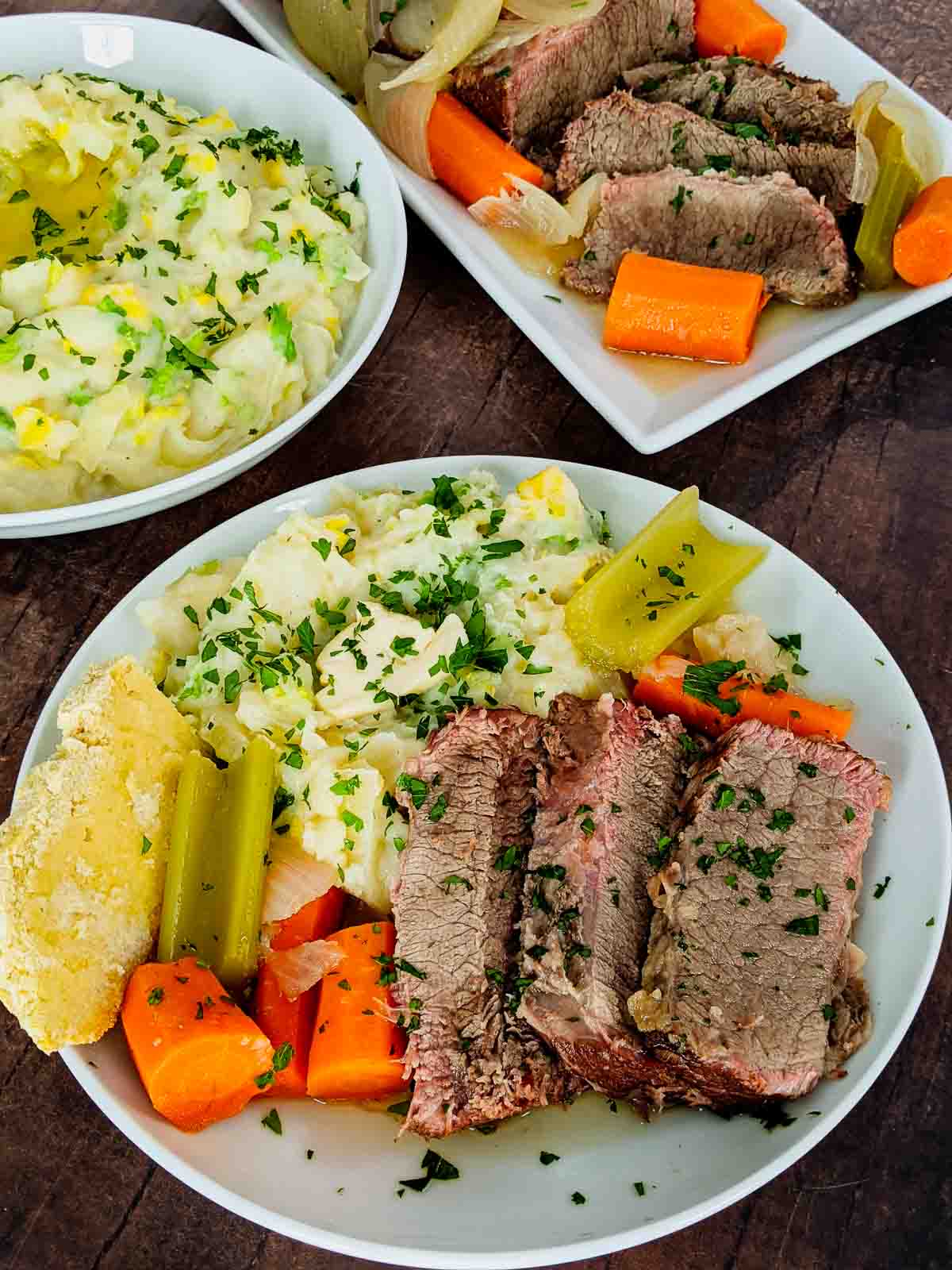 Corned beef dinner with colcannon and brisket.