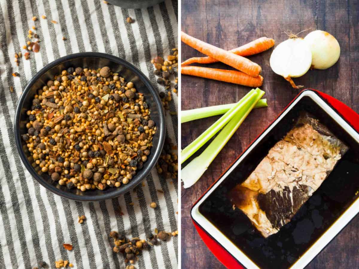 pickling spice in a bowl and brisket in a brine