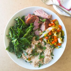 lunch bowl leftover easter ham, mashed white beans and spring veggies