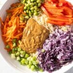 Bowl with gluten-free peanut sauce, shredded carrots, red bell pepper slices, edamame, shredded purple cabbage, sliced green onions over noodles.
