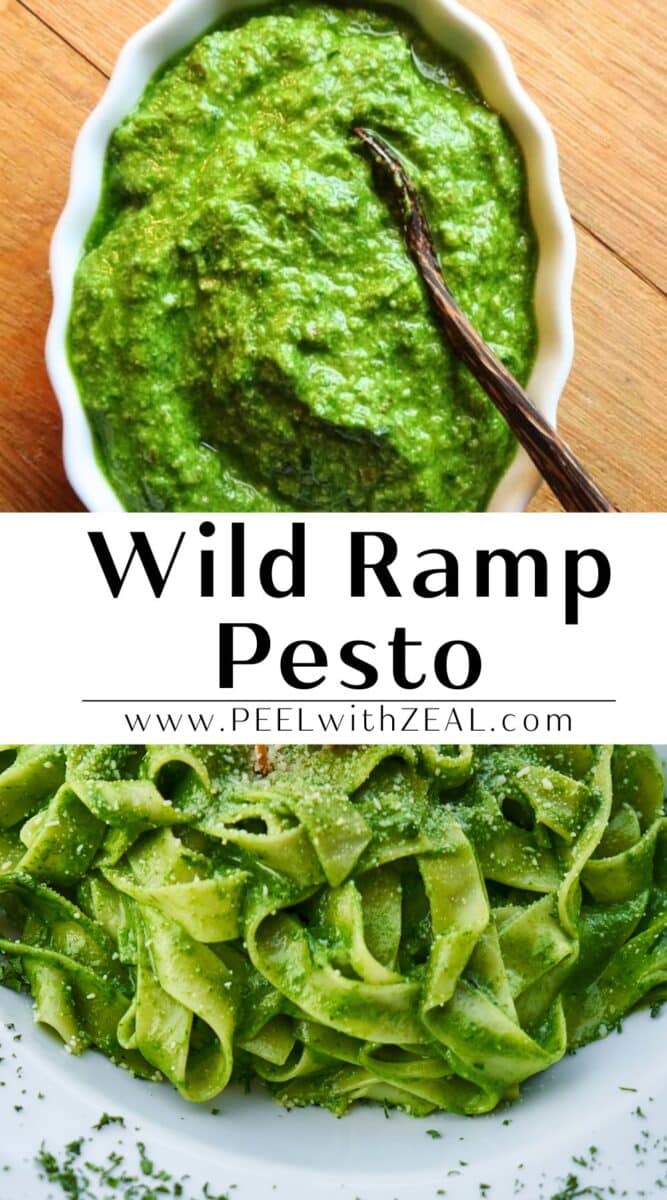 ramp pesto in a bowl next to pesto pasta.