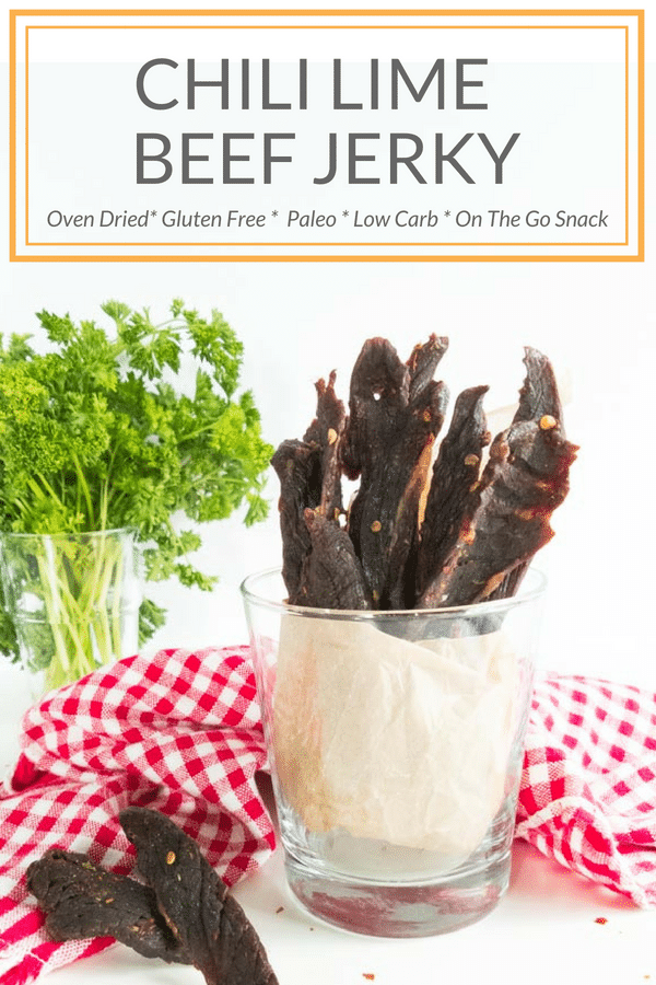 Oven Baked Chili Lime Beef Jerky- Gluten free on the go, low-carb high protein snack. Great for hiking or at the pool. Perfect summer snack that you can make in your oven without a dehydrator. #glutenfree #snack #beefjerky #lowcarb #keto #paleo #ovenbaked peelwithzeal.com Pin this now and let us know how it turns out for you! #peelwithzeal #whole30