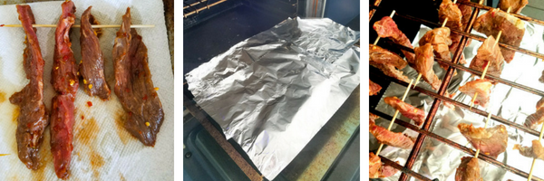hanging the jerky in the oven for dehydrating