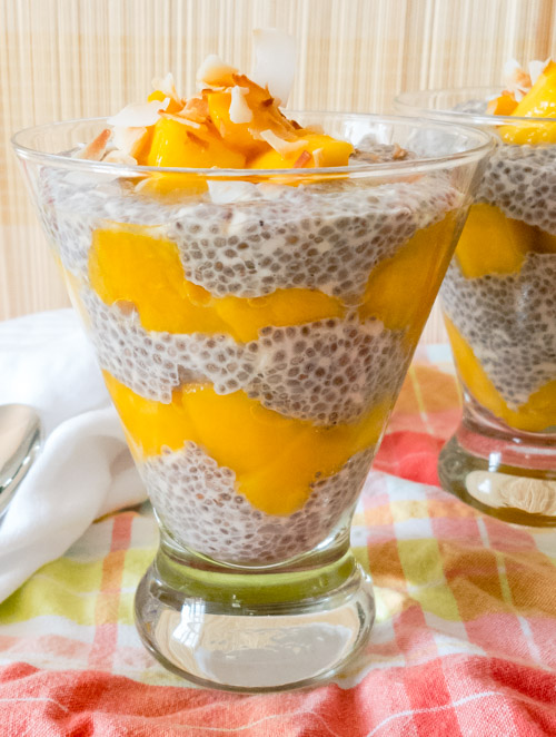 Mango chia seed pudding in glass cups