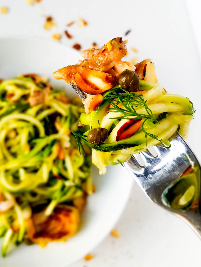 zucchini noodle recipe in bowl.