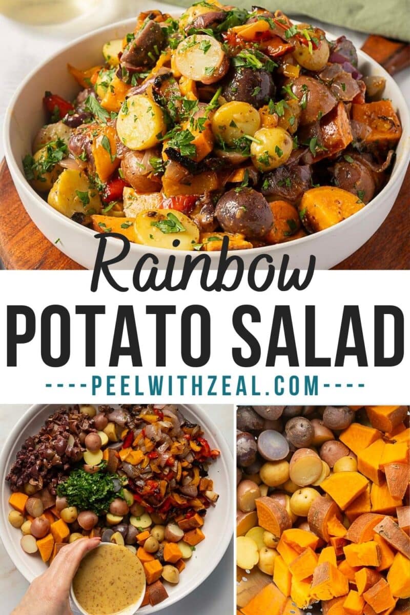 Collage featuring Rainbow Potato Salad in a vibrant bowl