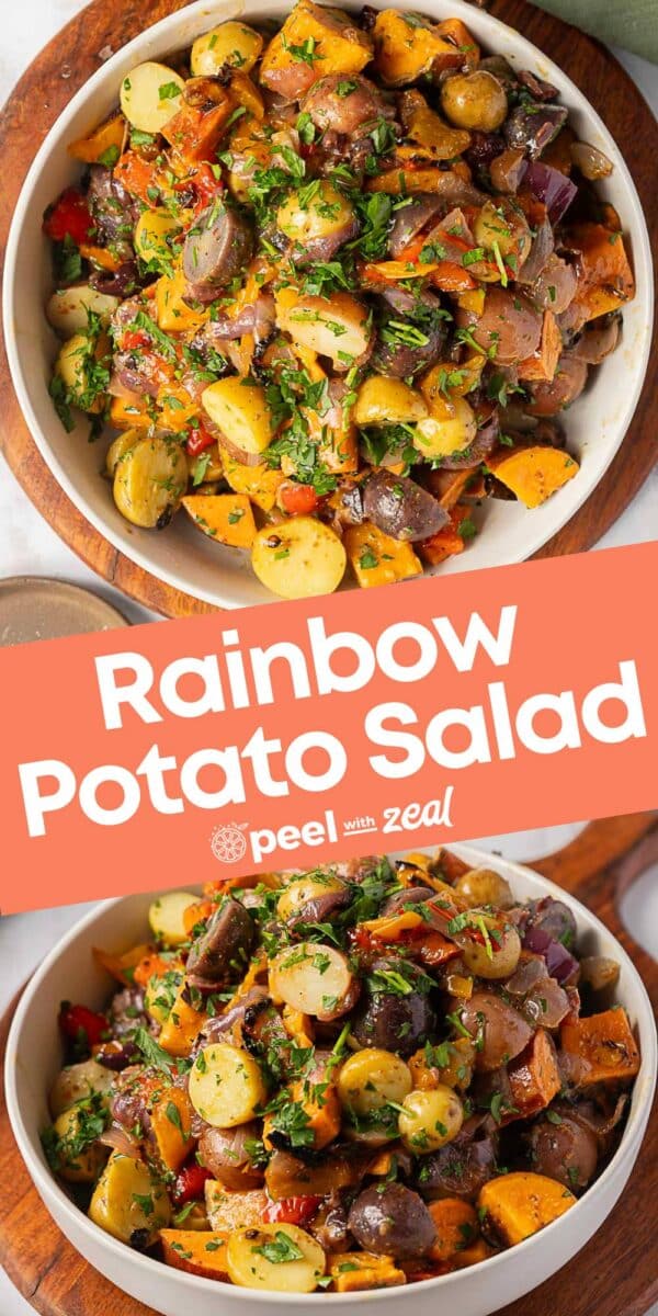 Two bowls of vibrant Rainbow Potato Salad with fresh herbs and vegetables, shown from above. Text overlay reads "Rainbow Potato Salad" alongside the "peel with zeal" logo.