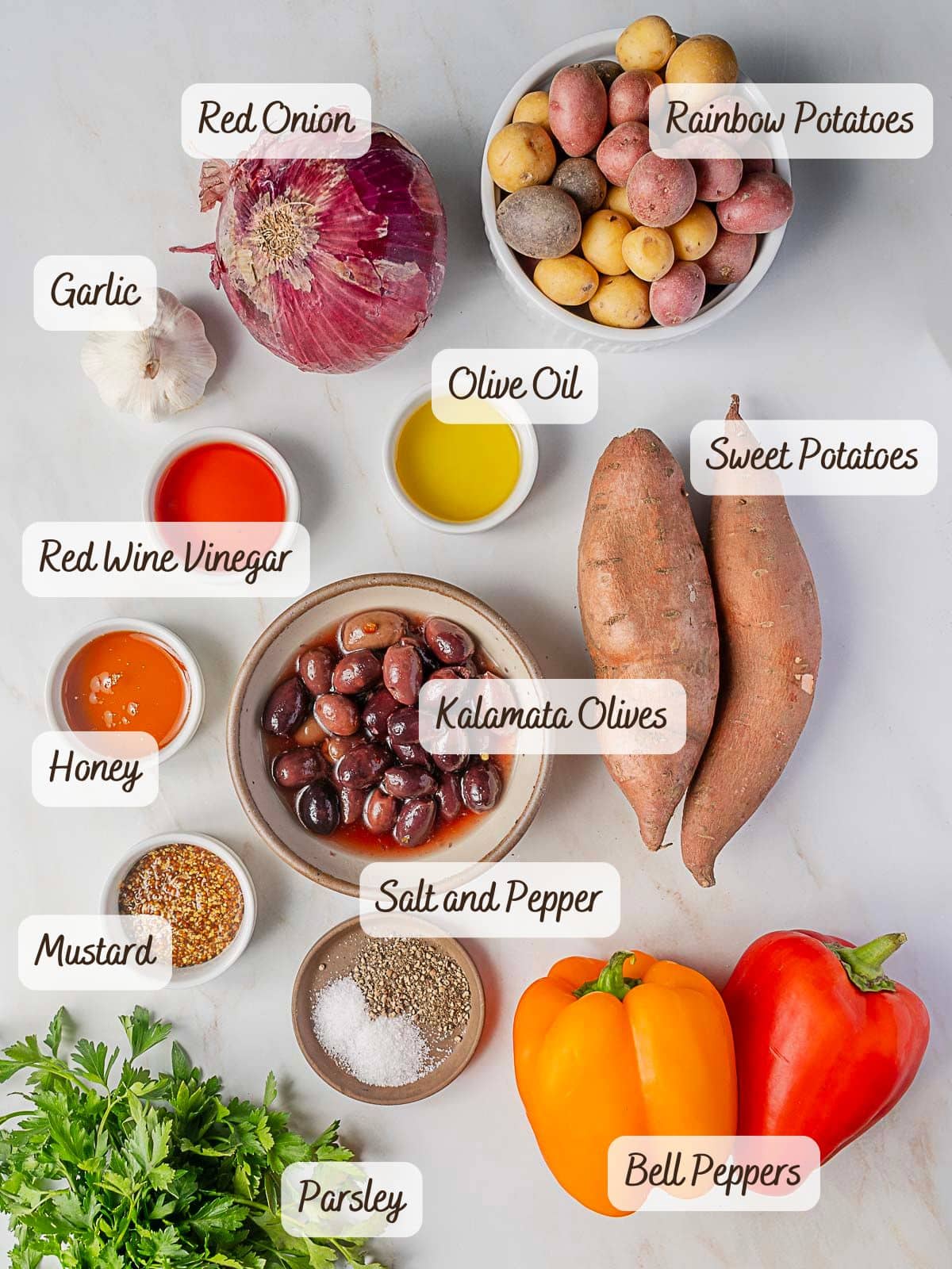Assorted ingredients for Rainbow Potato Salad on a countertop labeled, including red onion, rainbow potatoes, garlic, olive oil, sweet potatoes, Kalamata olives, red wine vinegar, honey, mustard, salt and pepper, parsley, and bell peppers.