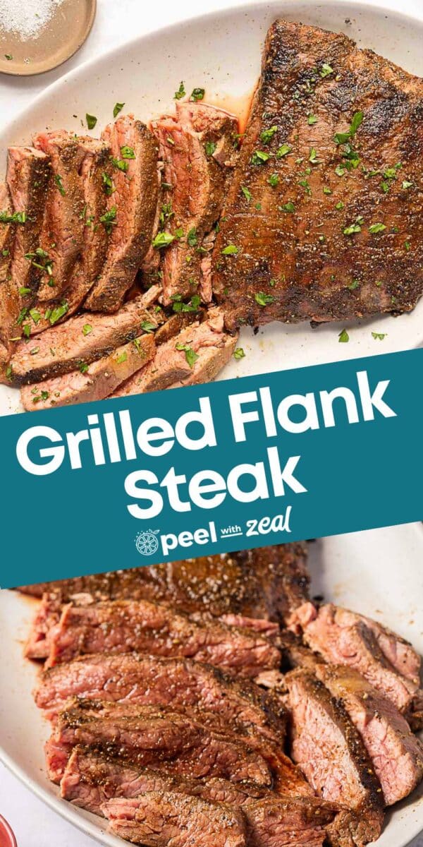 Two plates with spice crusted grilled flank steak, sliced and garnished with chopped herbs, shown on a white background.