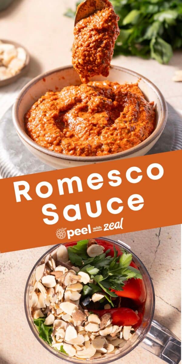A bowl of no-cook romesco sauce with a spoon rests amid a mix of ingredients like almonds, tomatoes, and herbs. The text "Romesco Sauce" and the "Peel with Zeal" logo are prominently displayed.