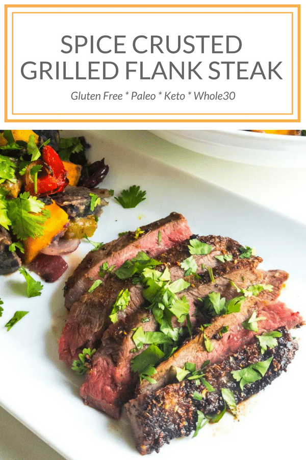 Spice Crusted Grilled Flank Steak (or skirt steak). Easy and quick to make for a weeknight dinner, leftovers for an awesome lunch. Gluten, dairy and allergy free dinner recipe. Simple spice rub with a unique twist. #grilling #recipes #steak #flanksteak #gluten free