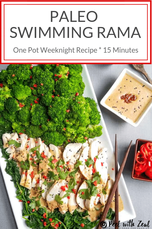 Paleo Swimming Rama Fake out the take out with an easy thai recipe. One pot, ready in 15 min using pre-prepped grocery items (rotisserie chicken & broccoli florets) and pantry staples for the sauce. Whole30 weeknight chicken dinner. Make ahead for your weekly meal prep plan. We love Thai food! Also called Praram Lhong Srong or Khao Phra Ram Long Song. #keto #paleo #glutenfree #peanutsauce #dairyfree #chickendinner #weeknightrecipe #easytomake #peelwithzeal peelwithzeal.com