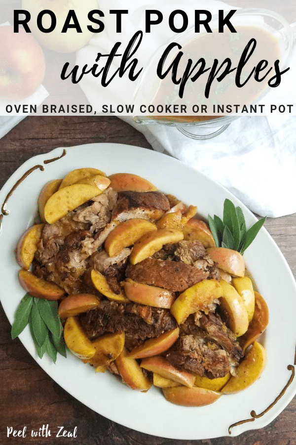 The easiest pork roast with apples recipe ever! Oven braised, Instant Pot and slow cooker instructions. Gluten & Dairy Free. Whole30 & Paleo approved! Just a few minutes of prep and slow cook in the oven until juicy and tender. Pork shoulder, onions, tart apples, mustard & sage make it perfect Fall comfort food. Sunday dinner recipe is perfect with polenta and green beans. #glutenfree #dairyfee #pork #recipe peelwithzeal.com #healthyrecipes #dinnerideas #instantpotrecipes