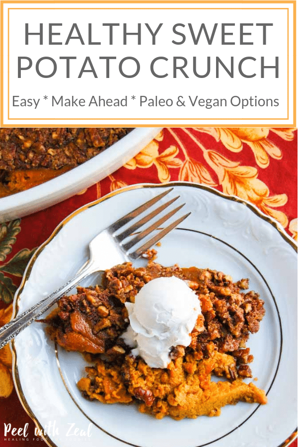 Healthy Sweet Potato Crunch Casserole is perfect for every day eating. You don’t have to wait for Thanksgiving to make this amazing Gluten Free, Sugar Free and Dairy Free recipe. Both paleo and vegan options. It is tasty, quick and easy with minimal mess. Sweet potato custard base with a crunchy pecan filling. A cross between a sweet potato casserole and a crustless pie. #paleo #thanksgiving #sweetpotatocasserole #crustlesspie #healthyrecipe #makeahead #holidayrecipe