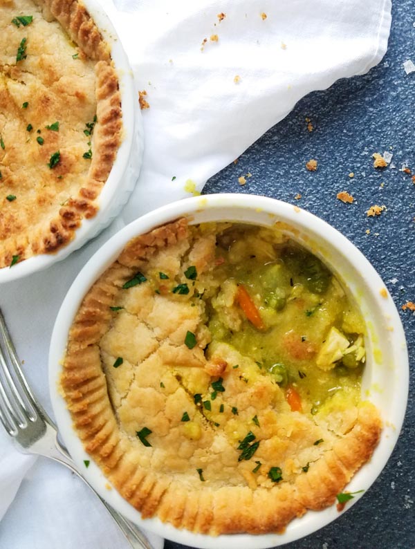 close up of chicken pot pie with bite taken out