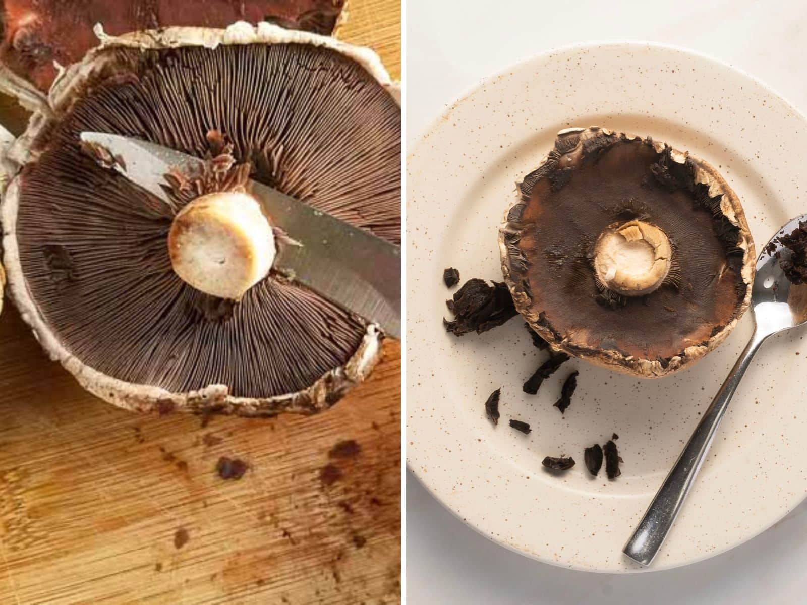 Two images of : the left shows a knife removing the stem on a cutting board, while the right displays a cleaned mushroom cap on a plate with a spoon, ready for roasting.
