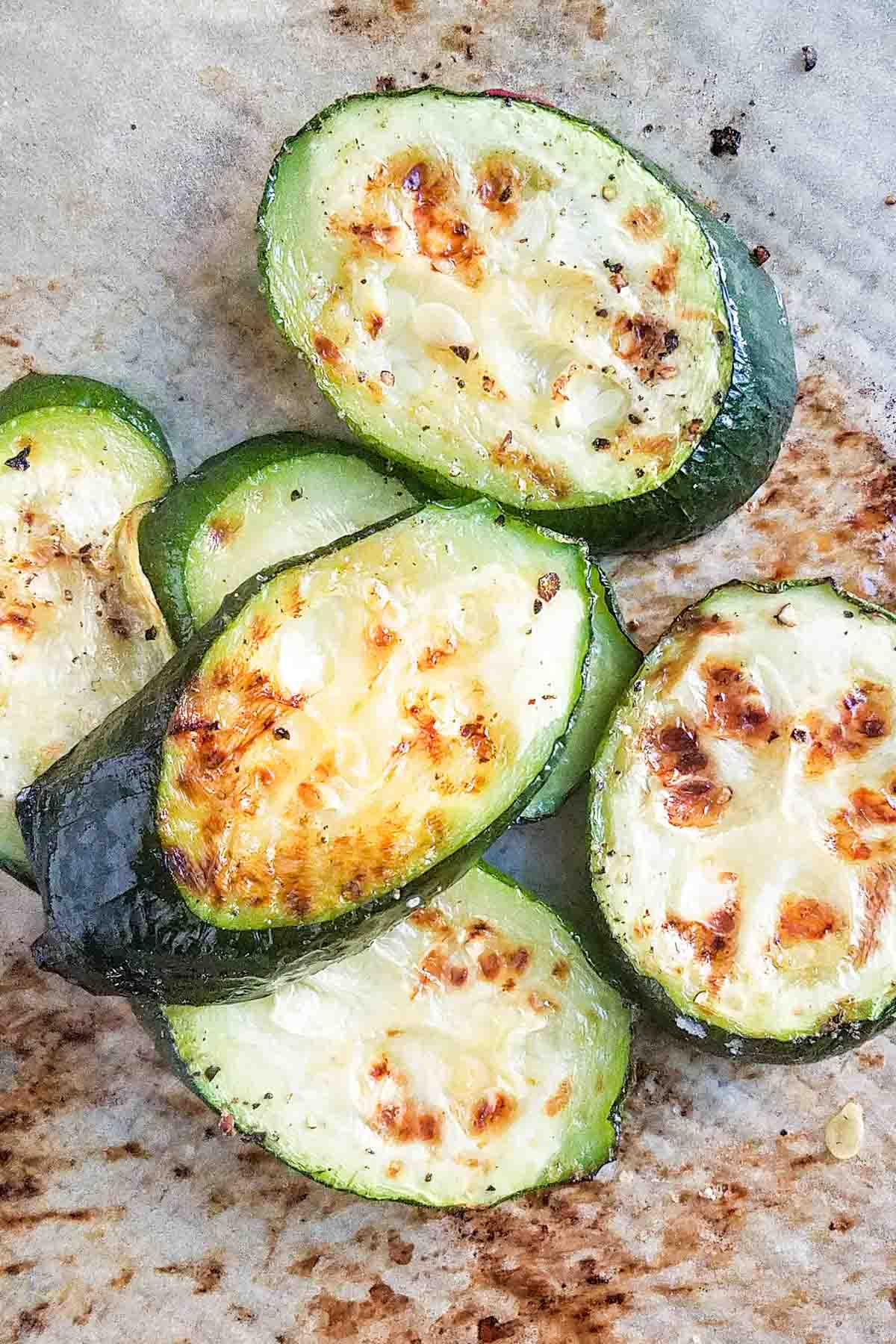 roasted zucchini on parhment paper