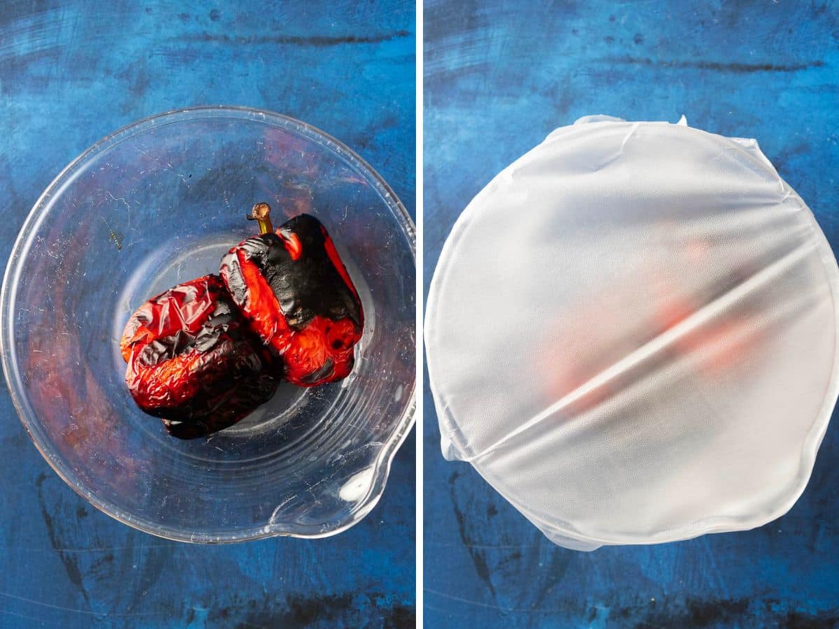 In a serene setting, two roasted peppers sit elegantly in a glass bowl on the left, while on the right, a bowl is gently covered with a white cloth against a soothing blue background.
