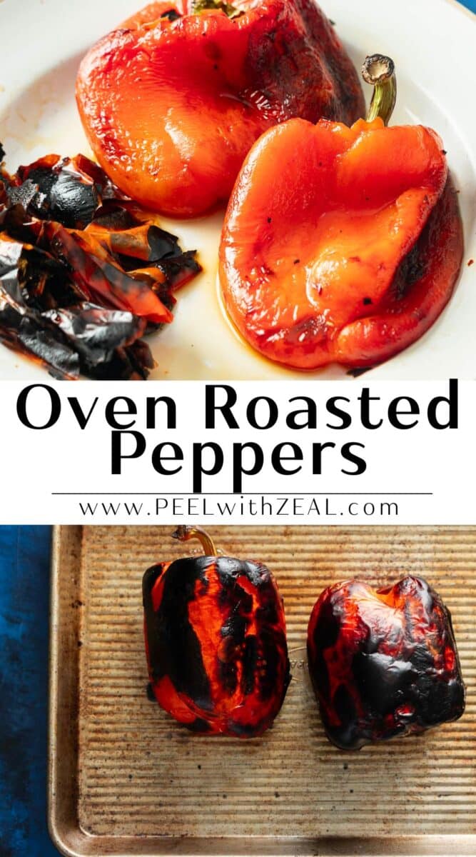 Roasted peppers, with their charred skin, sit elegantly on a plate and baking sheet. Discover the full recipe at PEELwithZEAL.com.