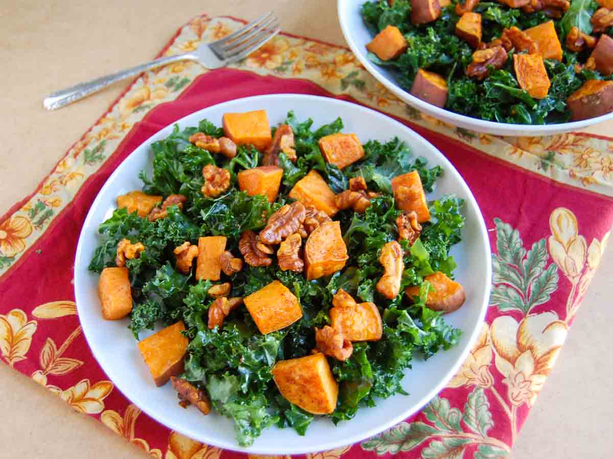 table set with sweet potato salad as meal