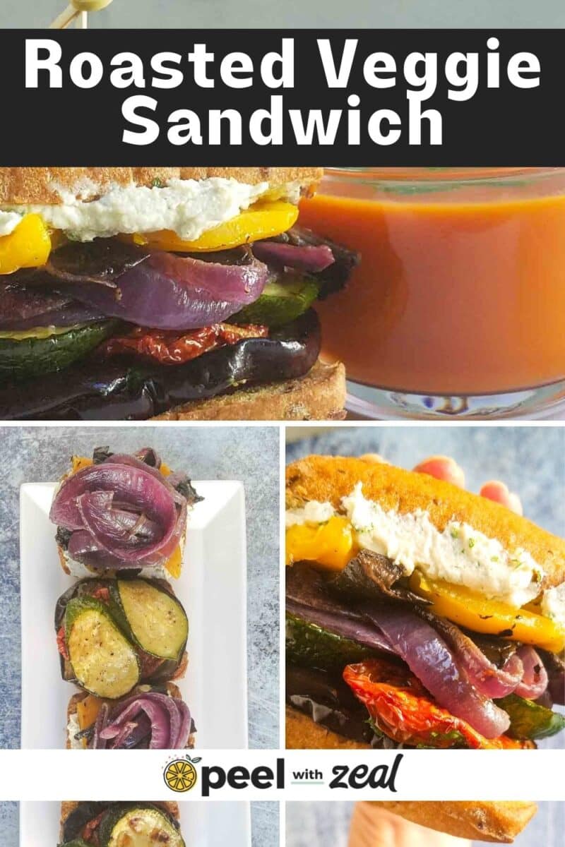 roasted vegetable sandwich next to a cup of soup.