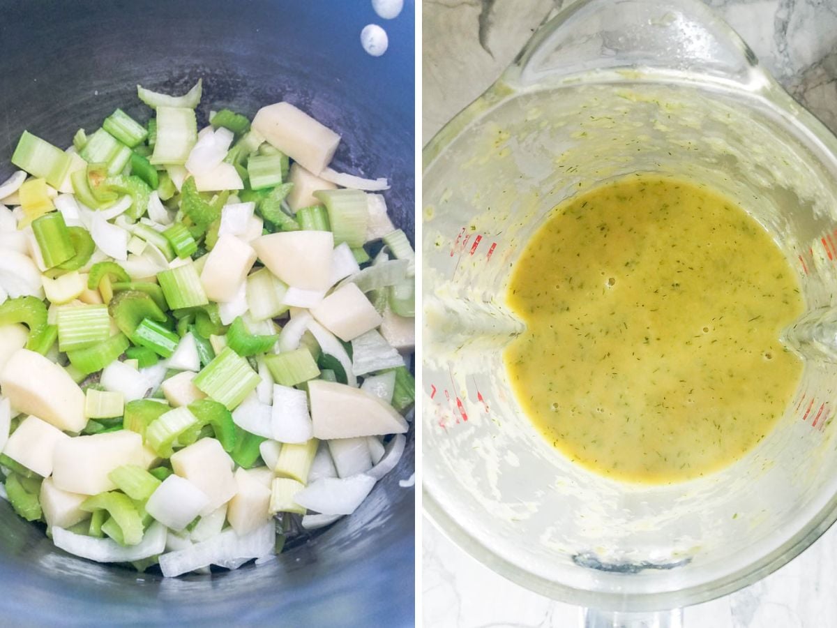 Left: Chopped celery, onion, and potatoes in a pot. Right: Blended mixture of vegetables in a measuring jug-perfect for Vegan Creamy Celery Soup (Easy Vegan Recipe).