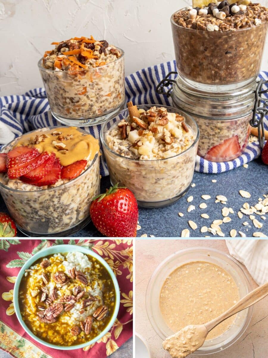 Various jars and bowls filled with creamy instant overnight oats, adorned with diverse toppings like berries, nuts, and peanut butter, are displayed on a surface scattered with oats and a striped cloth.