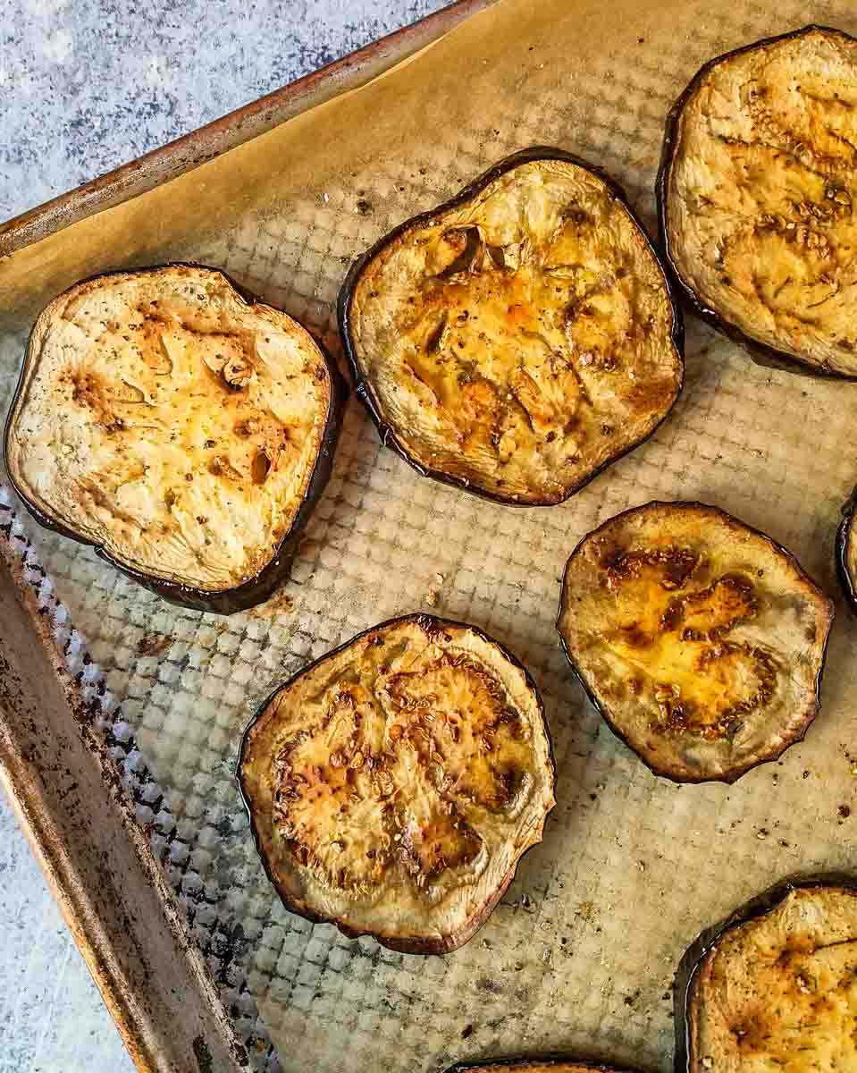 roasted eggplant on baking sheet