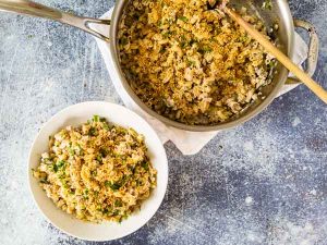 serving stovetop tuna noodle with bread crumb topping