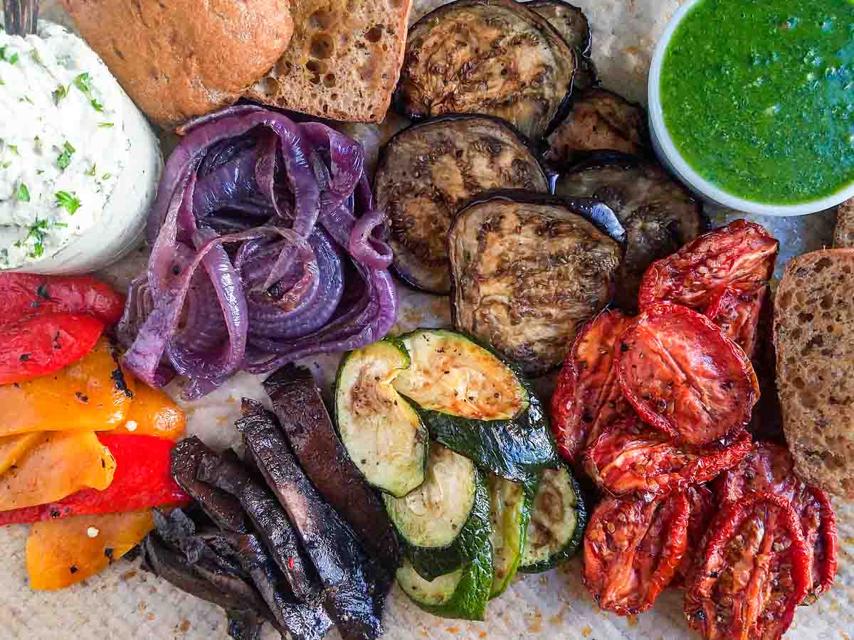 Vegan antipasto platter with cashew cream cheese.