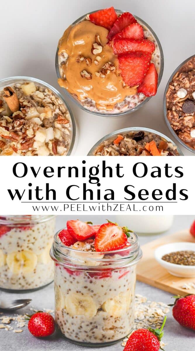 Overhead shot of various overnight oats in jars topped with strawberries, bananas, and nuts on a gray background. Text reads, "Delicious Overnight Oats with Chia Seeds.