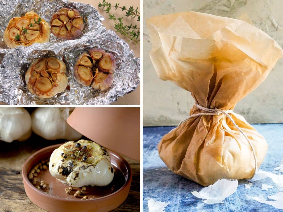Collage of roasted garlic bulbs: perfectly roasted garlic in foil, nestled in a clay pot, and lovingly wrapped in parchment paper.