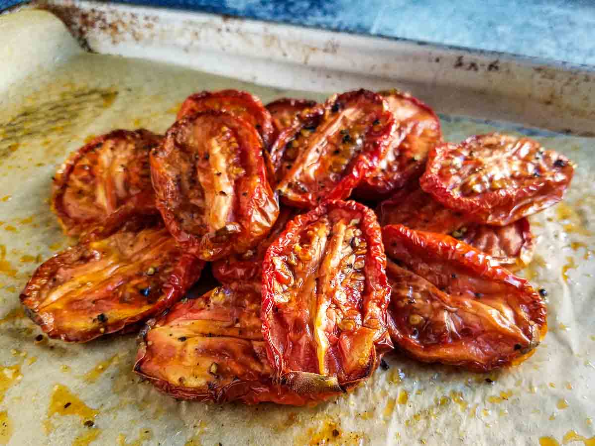 slow roasted tomatoes on sheet pan