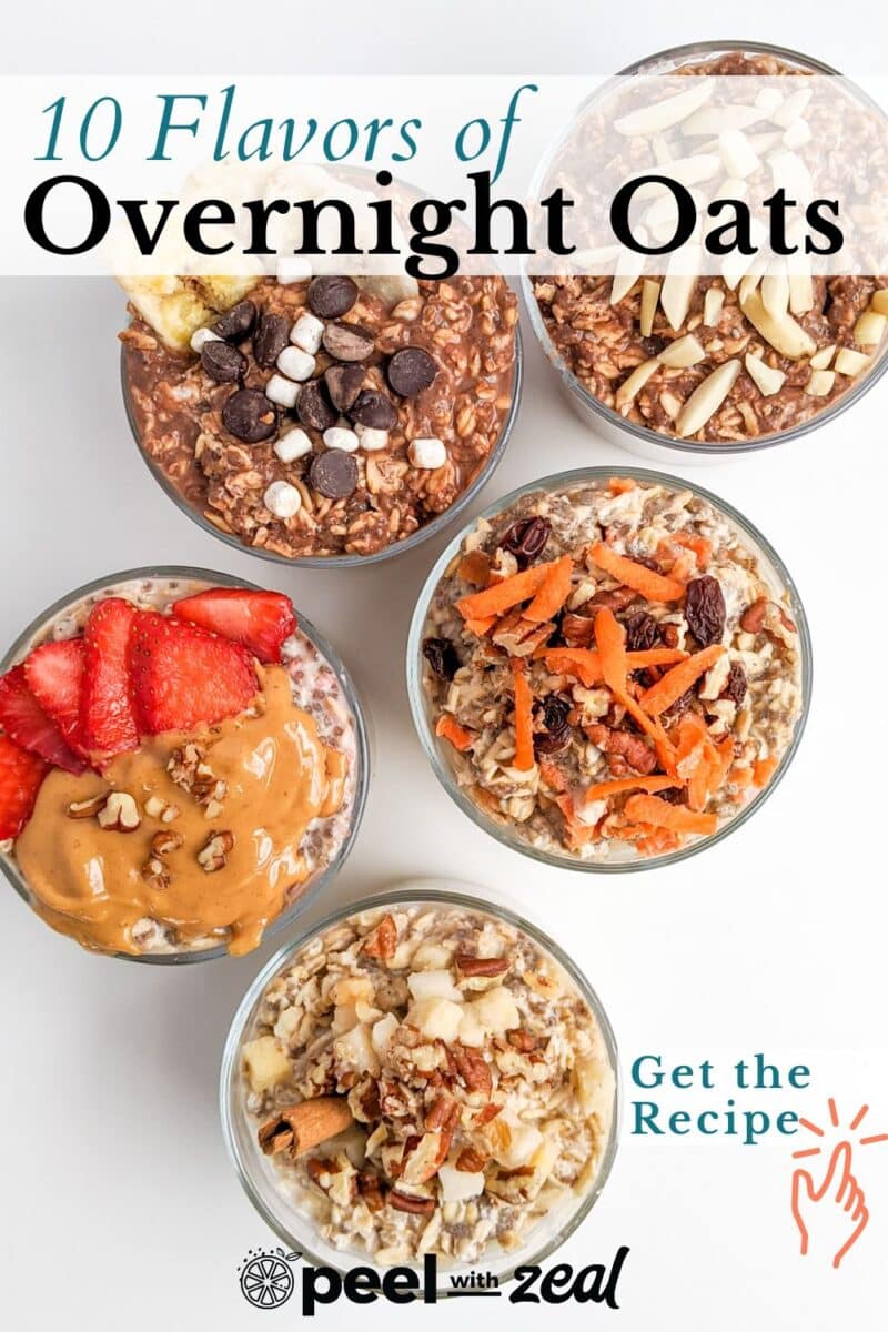 Five enticing bowls of overnight oats are adorned with a variety of toppings, like chocolate chips, marshmallows, almonds, strawberries, peanut butter, carrots, walnuts, and pecans. Text reads: "10 Flavors of Overnight Oats." Dive into the delicious creativity!.