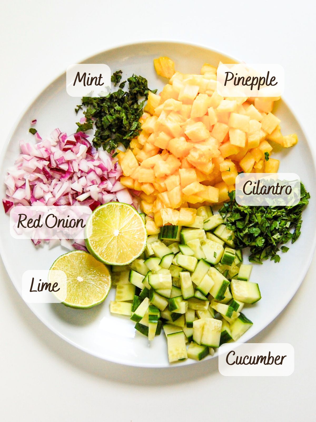 A white plate with separate piles of chopped pineapple, cucumber, red onion, mint, cilantro, and two lime halves-each labeled-perfect for assembling a fresh pineapple relish.