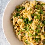 Tuna noddle in a white bowl.
