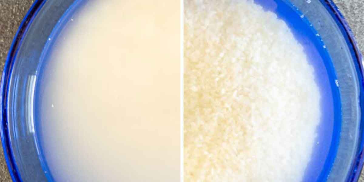 Before and after sushi rice rinsing