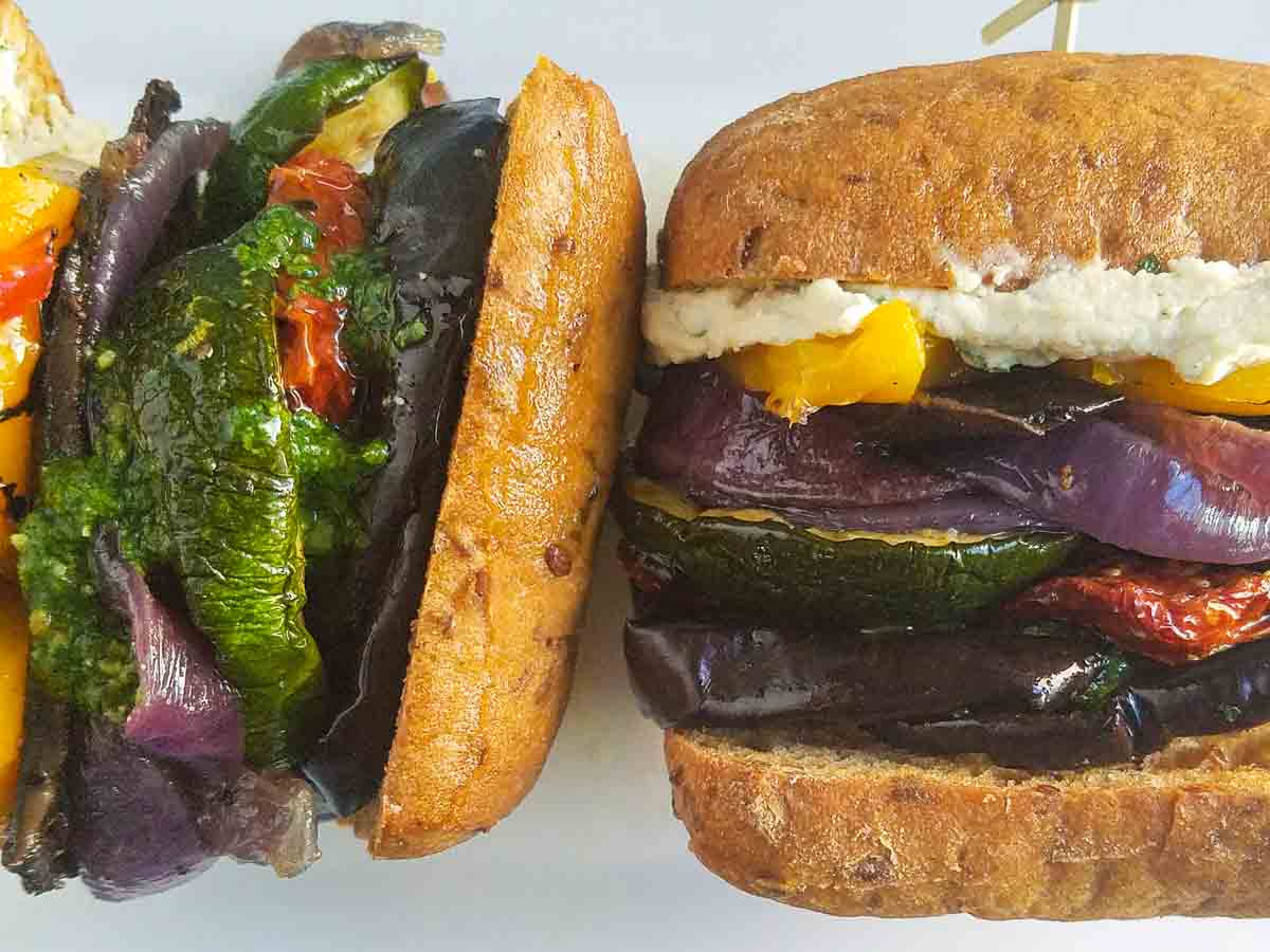 roasted vegetable sandwich with portabella mushrooms