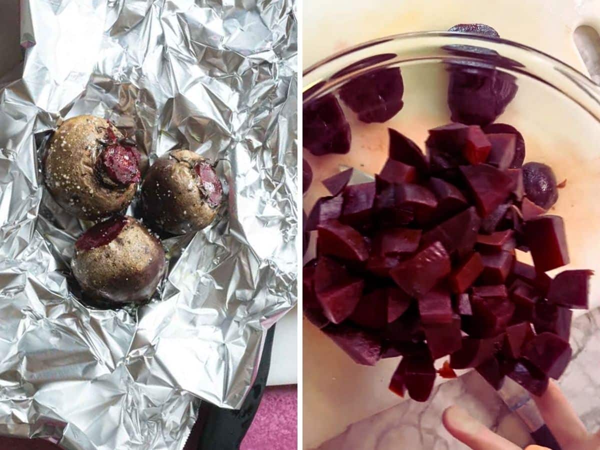 Three whole beets seasoned and placed on aluminum foil on the left; on the right, the beets are peeled, chopped, and placed in a glass bowl-perfect for adding to a vegan poke bowl.