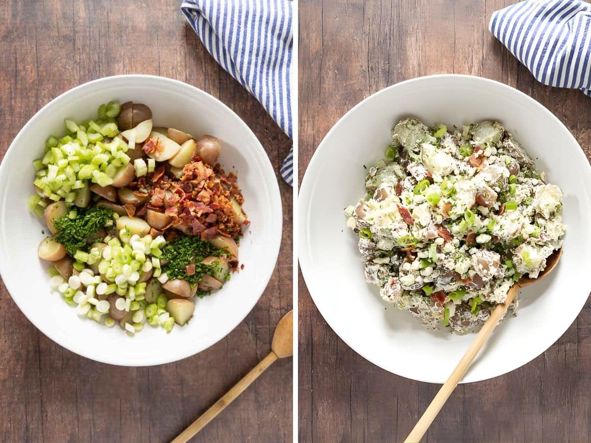 Two side-by-side images show a bowl of blue cheese potato salad ingredients before mixing on the left, and the finished mixed salad on the right, both with a wooden spoon and blue striped cloth nearby.