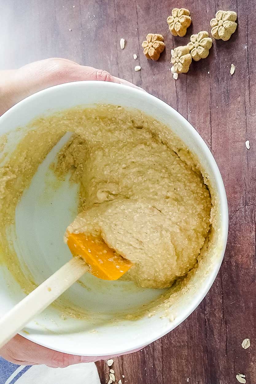 dog cake batter in mixing bowl