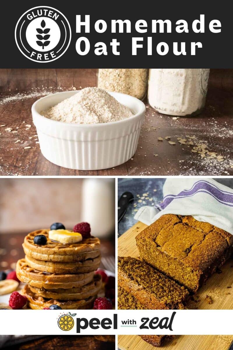 Collage of oat flour in a bowl, pancakes with berries, and sliced bread on a cutting board, showcasing the delicious possibilities when you know how to make oat flour.