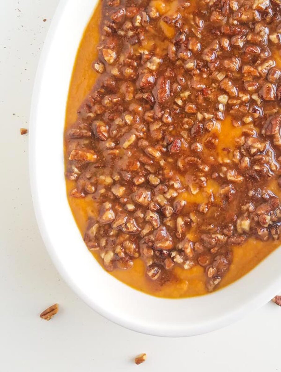 Unbaked sweet potato crunch in  baking dish. 