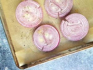 red onions on sheet pan