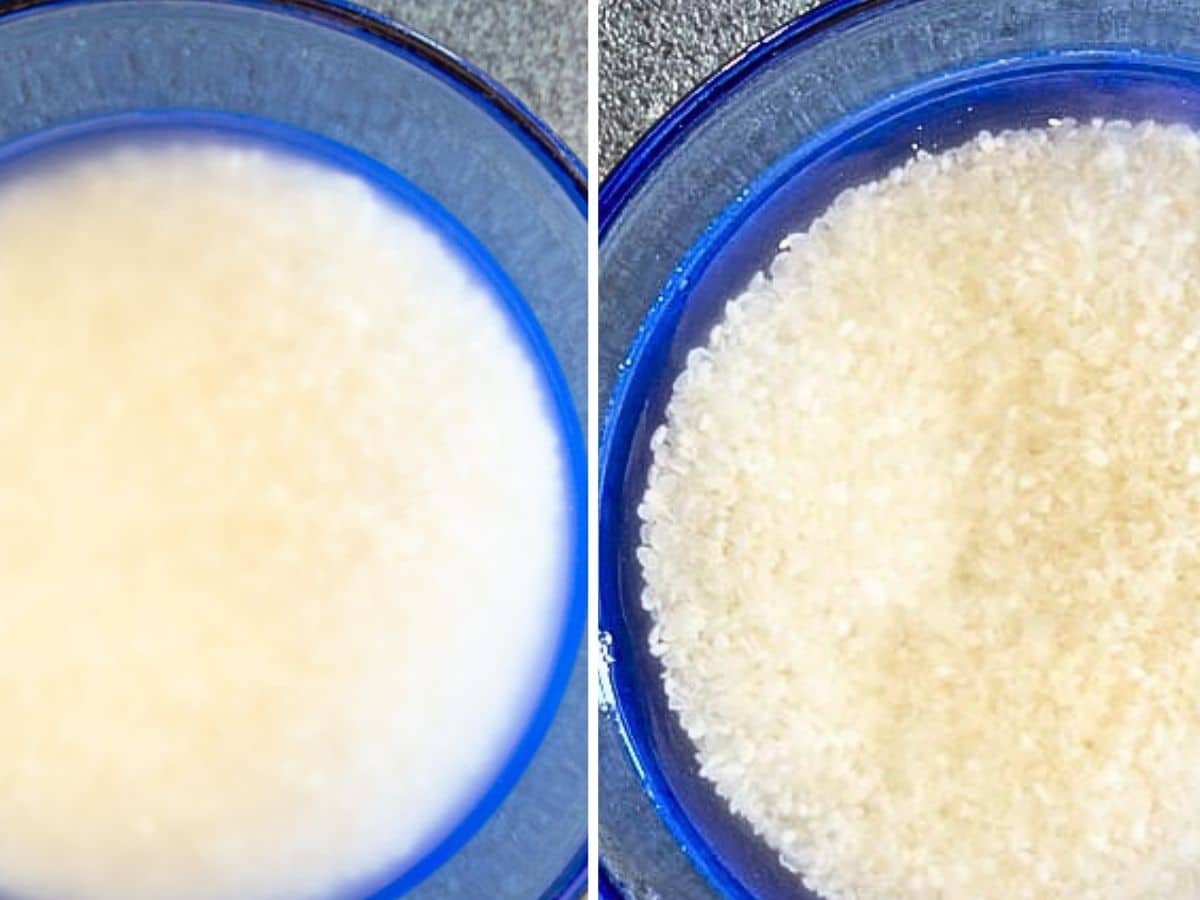 Side-by-side comparison of two blue bowls: the left bowl contains blurred grains, while the right features clearly visible white grains, perfect for building a fresh vegan poke bowl.